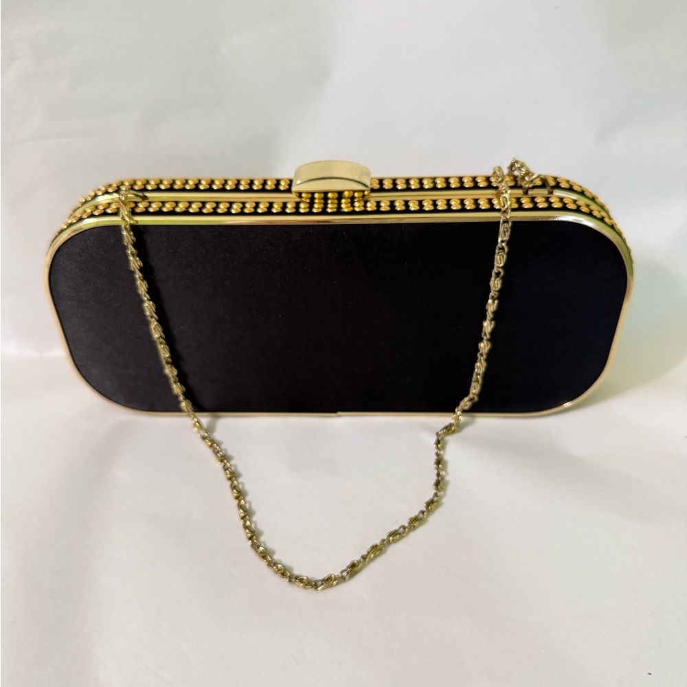 Jessica McClintock Black and Gold Evening Bag Convertible Clutch Chain Strap